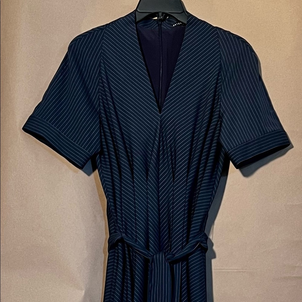 Antonio Melani dress navy with white pinstripes and belt